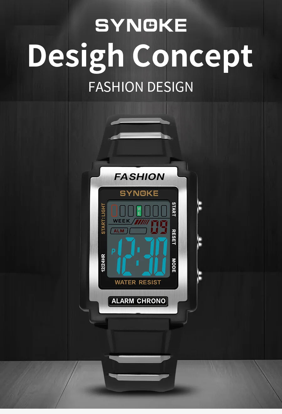 Men Rectangular Sports Electronic Watch Waterproof 50M Night Light Large Screen Alarm Clock Trend Retro Style