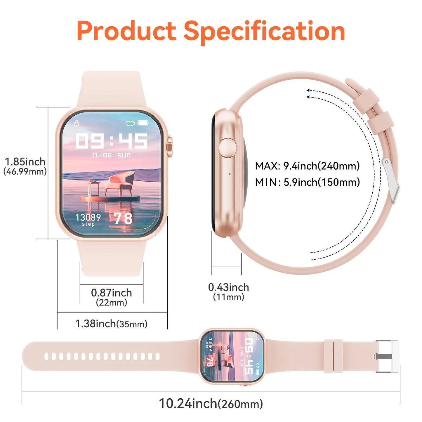 Smart Watch with 1.85" Display, Fitness Tracker, 100+ Sport Modes, Waterproof, Compatible with iOS and Android, Perfect Christmas Gift