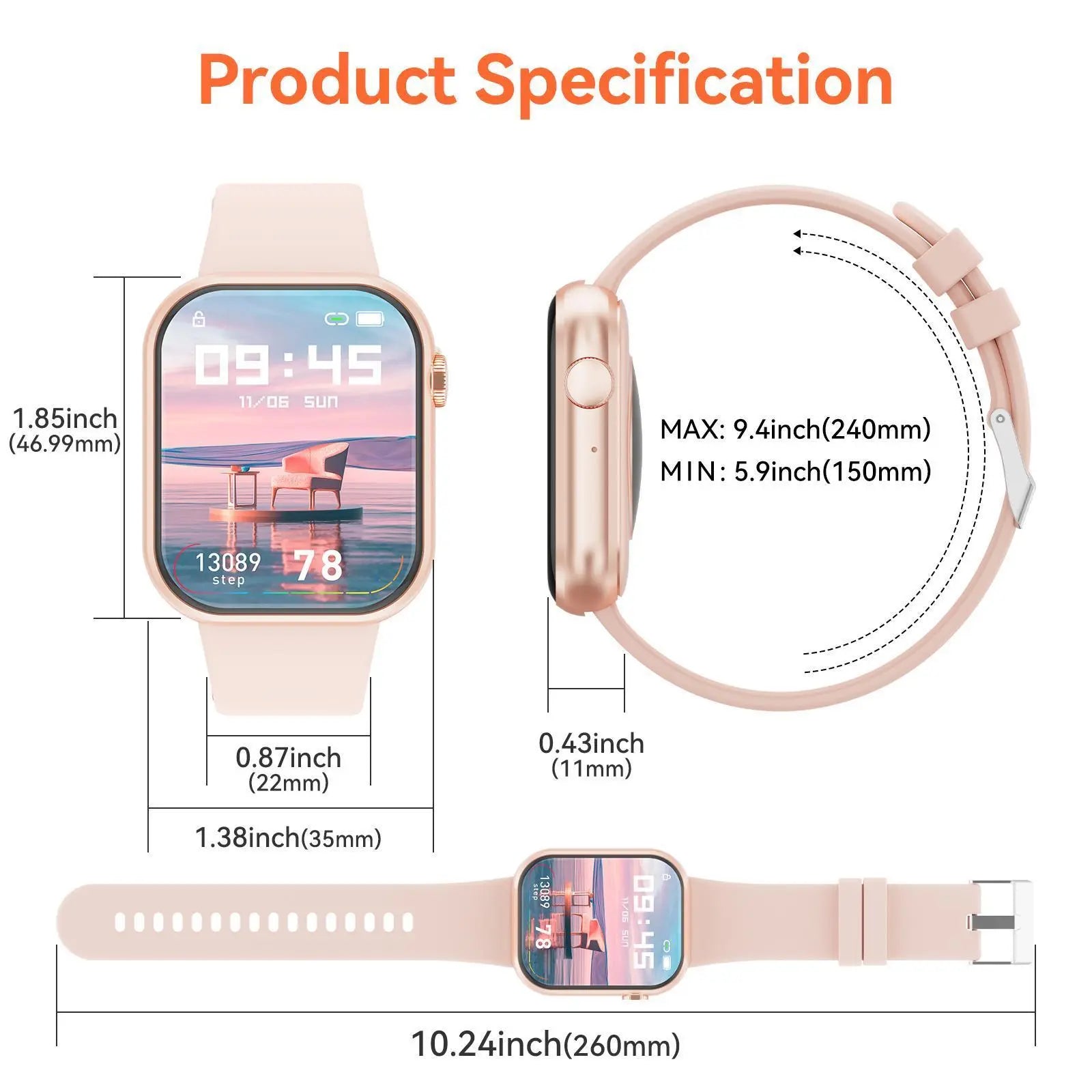 Smart Watch with 1.85" Display, Fitness Tracker, 100+ Sport Modes, Waterproof, Compatible with iOS and Android, Perfect Christmas Gift