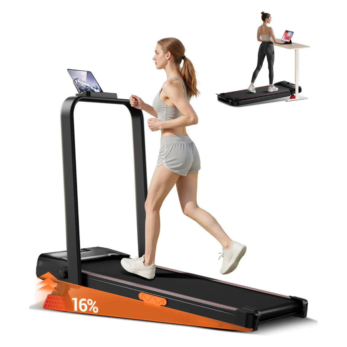 Umay Folding Walking Treadmill for Home and Office, 16% Incline, Handrails, 300 lbs Capacity